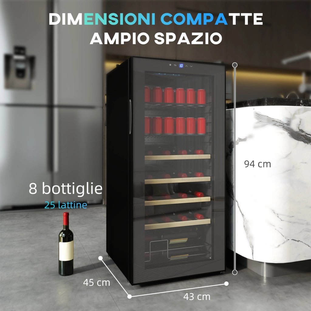Cantinetta frigo per vino nera 92L con ripiani regolabili, 20 bottiglie e 50 lattine, silenziosa, per casa e bar, 43x45x94 cm