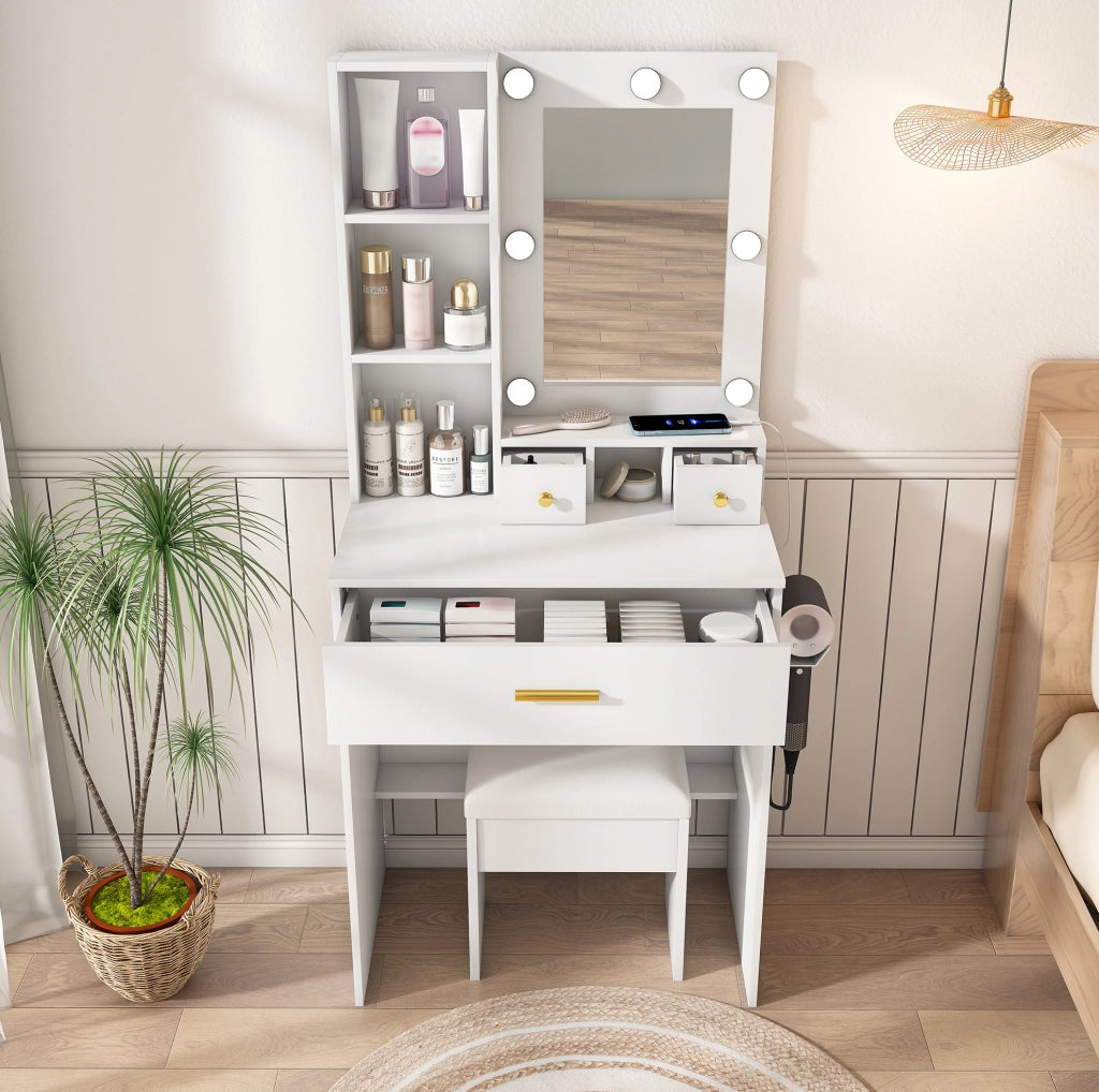 Toeletta bianca in MDF con specchio LED, presa, supporto asciugacapelli e sgabello