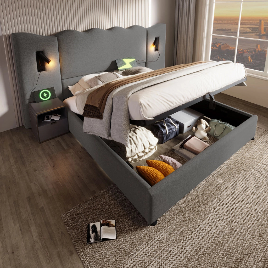Letto contenitore 180 × 200 cm con testiera ondulata; luce orientabile; USB e Type-C; lino grigio