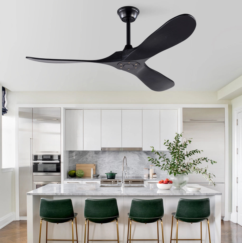 Ventilatore a soffitto 52" nero con 3 pale in legno di paulonia, controllo remoto, 6 velocità e funzione reversibile