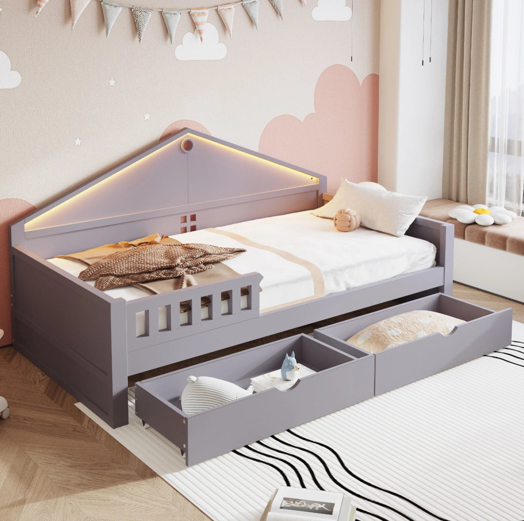 Letto multifunzione 90 x 200 cm con LED e due cassetti