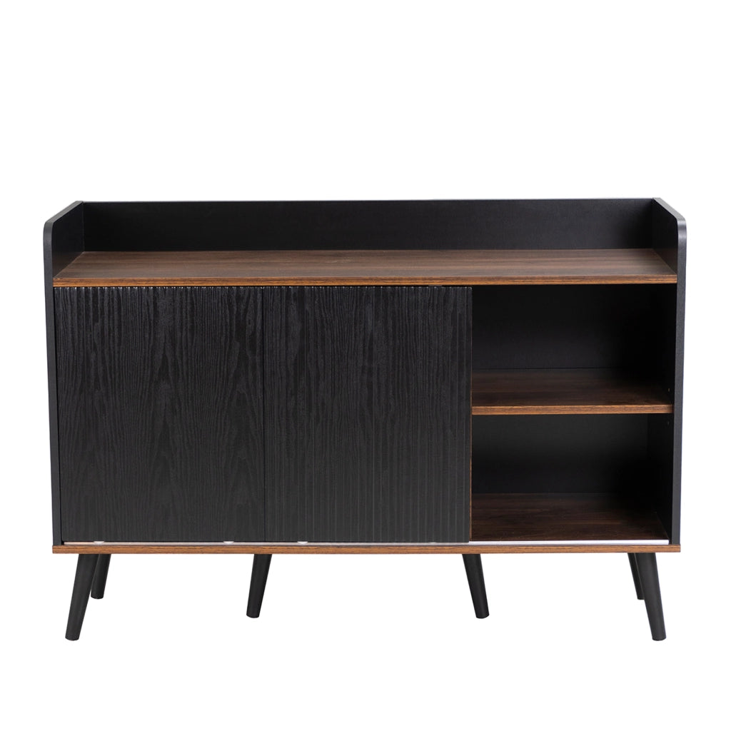 Credenza 2 ante scorrevoli 3 cassetti ripiani regolabili nero e legno con gambe in legno 117;5 × 40 × 80 cm