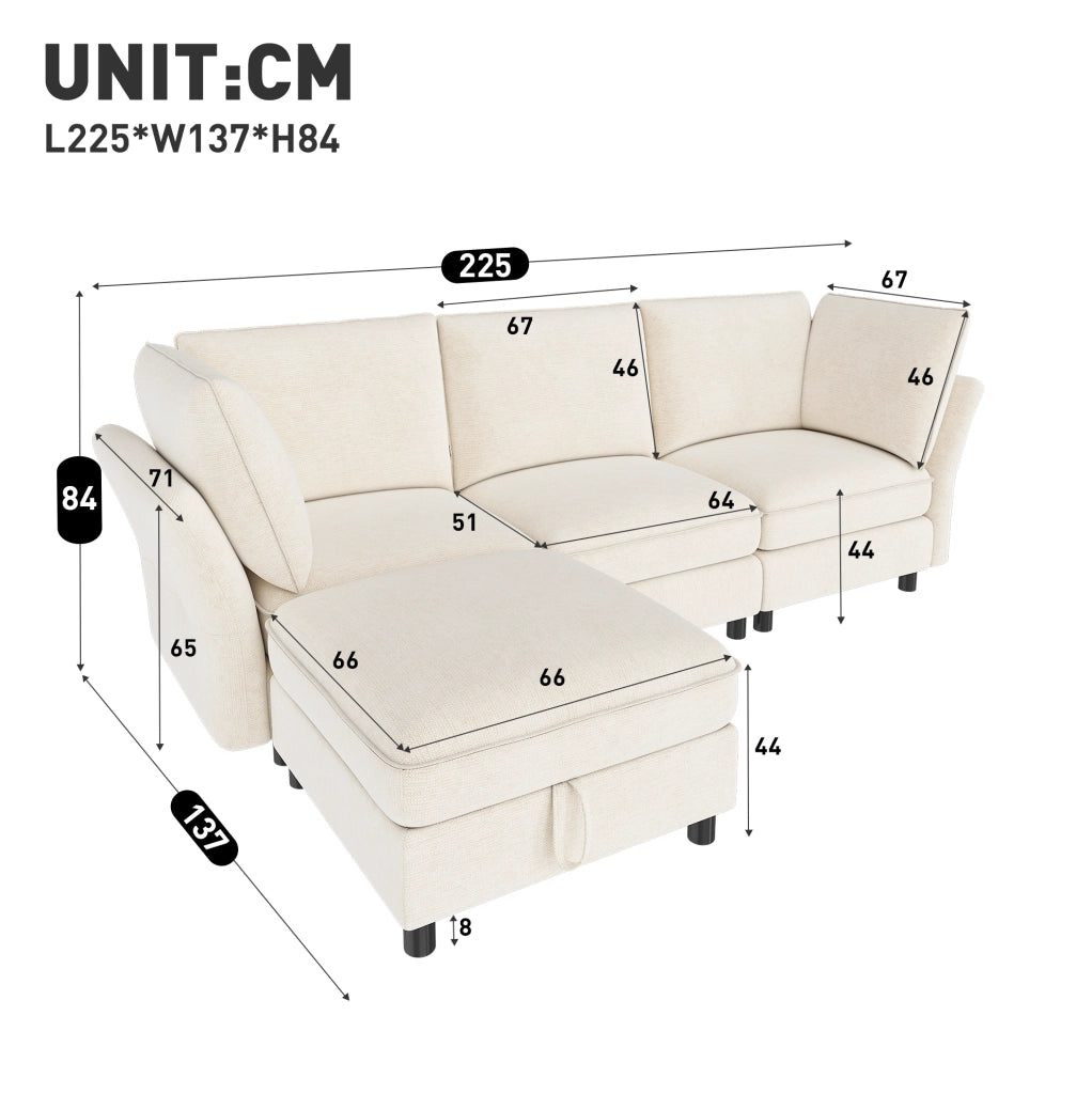 Divano modulare ad angolo a L con pouf contenitore, rivestimento in tessuto chenille beige, 4 posti, struttura in legno massello
