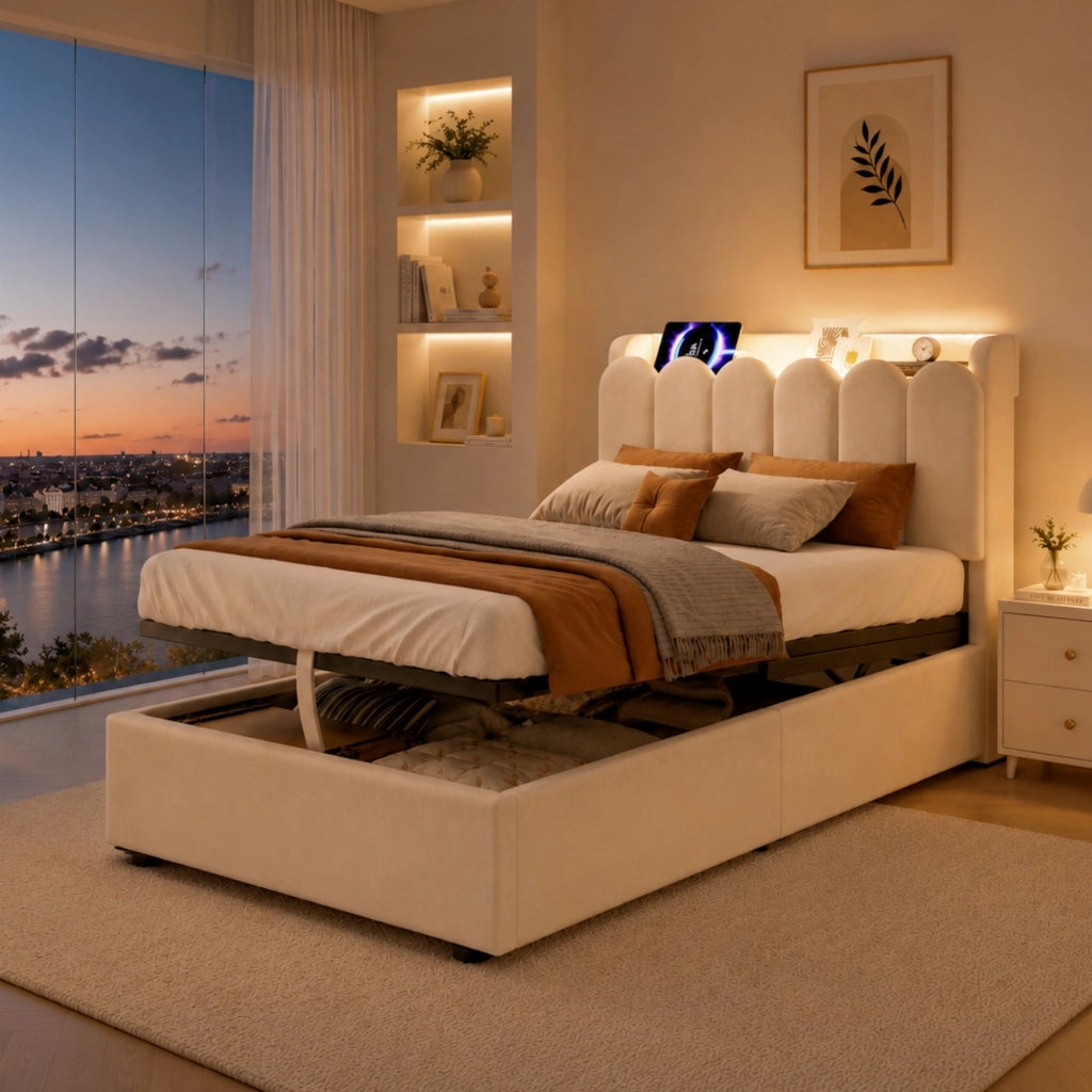 Letto singolo con contenitore 90 × 200 cm con rete a doghe testiera in velluto beige LED USB e Type-C