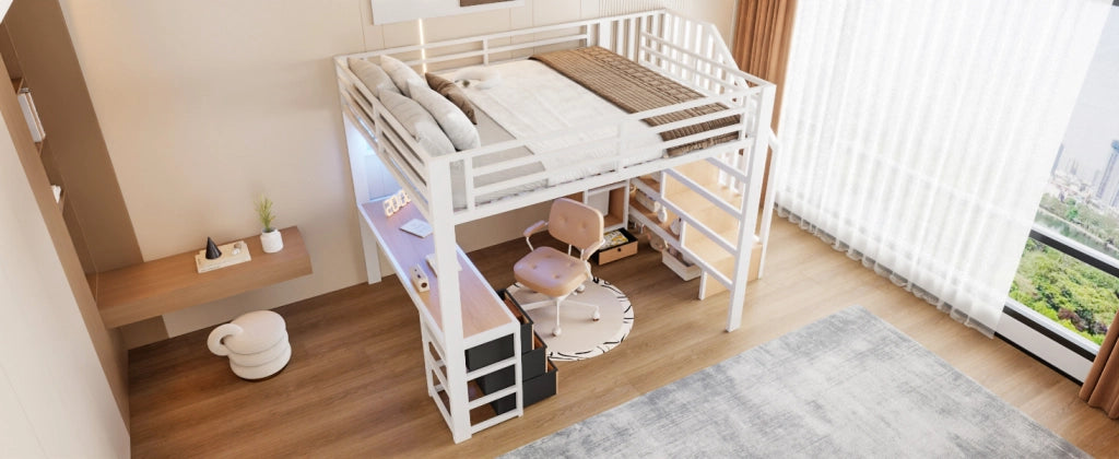 Letto a soppalco 140 × 200 cm con scrivania; 4 cassetti; scala contenitore; LED controllabile tramite app bianco