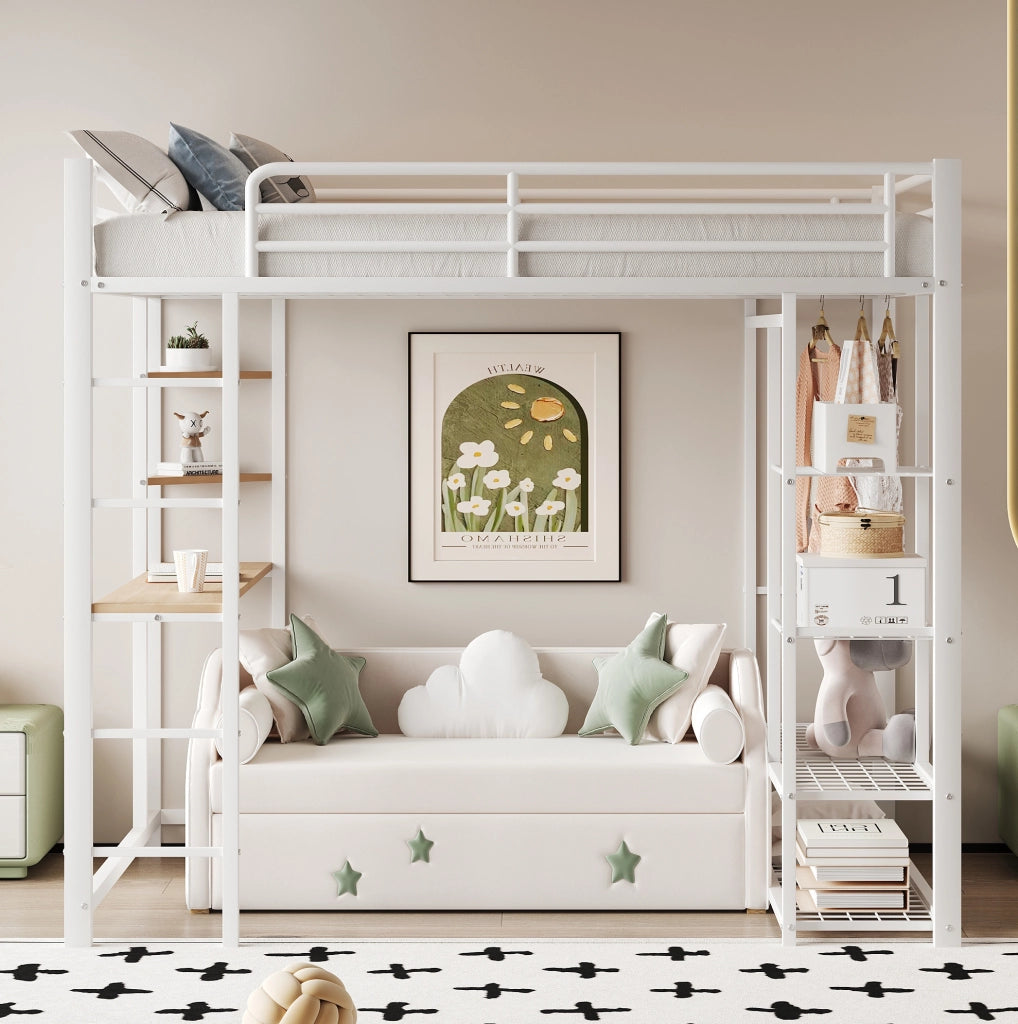 Letto a soppalco 90x200 cm con scrivania, ripiani e appendiabiti bianco