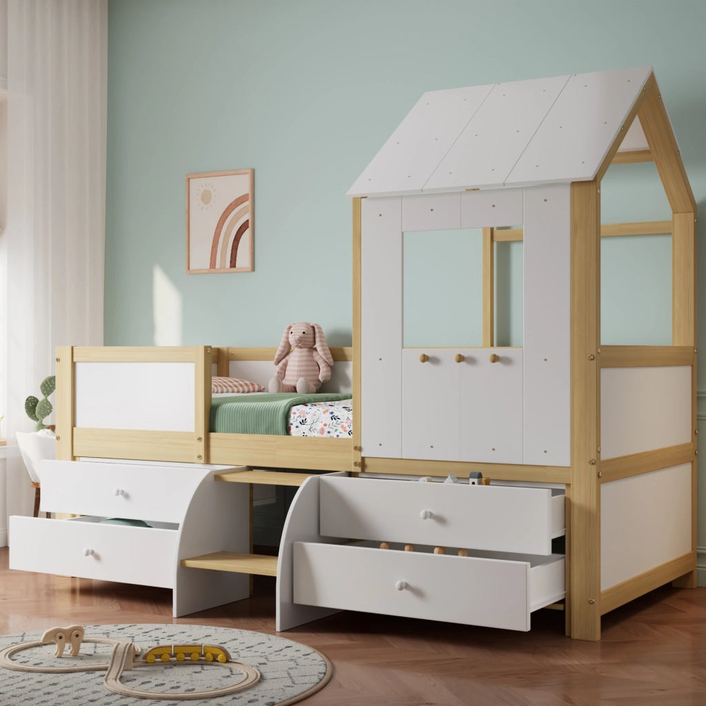 Letto a casetta 90 ¡Á 200 cm con cassetto e scala in legno bianco con rete a doghe e barriera laterale