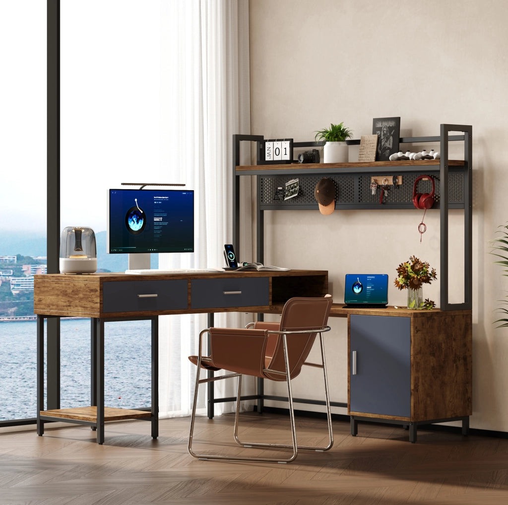 Scrivania angolare industriale 140x140x135 cm in MDF e metallo, colore nero e legno, con cassetti e anta soft-close