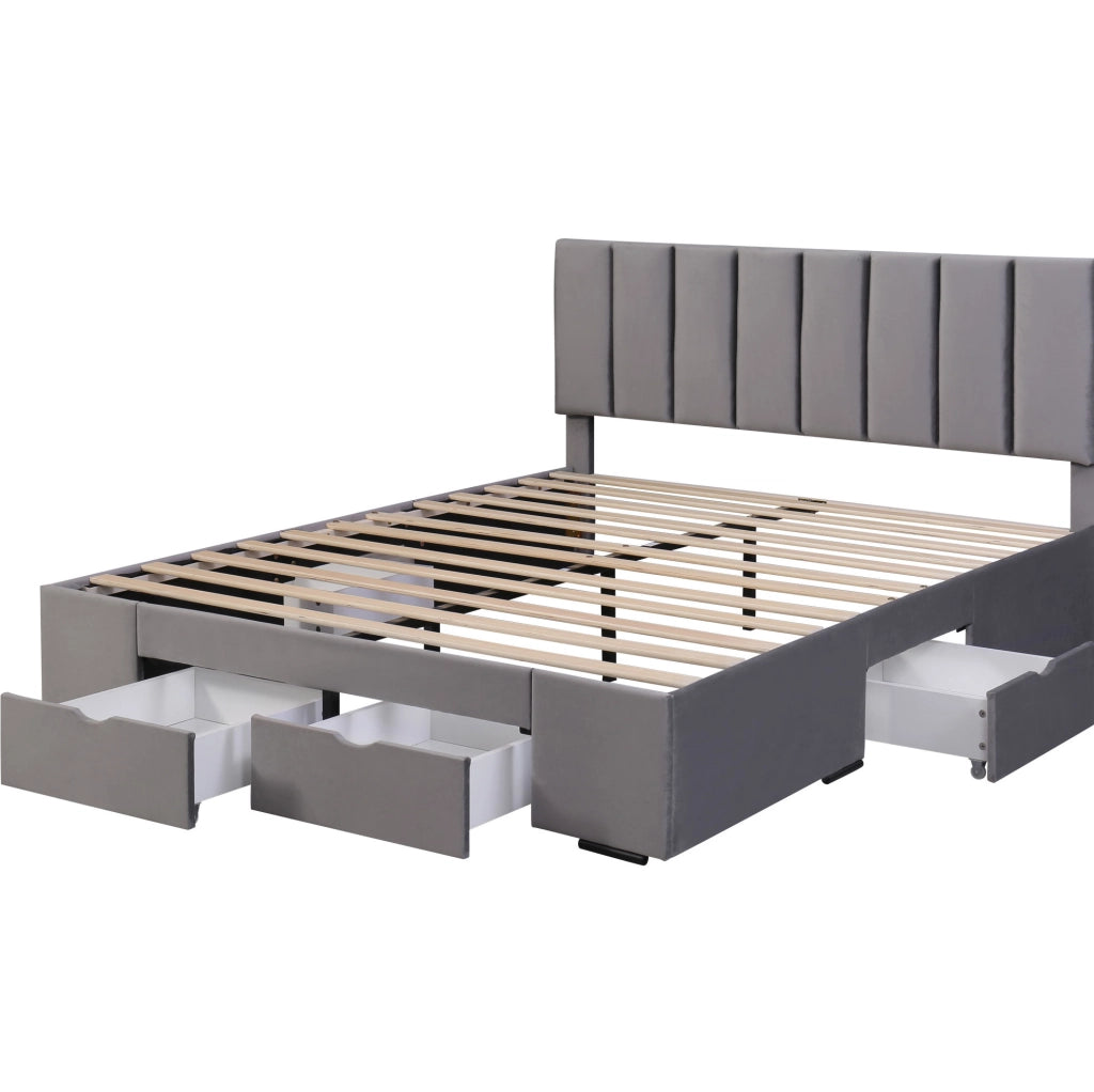 Letto imbottito in velluto grigio 160x200 cm con rete a doghe e 4 cassetti YEAVIO