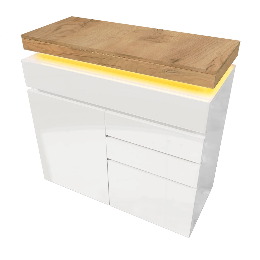 Sideboard bianco lucido con 2 ante, 3 cassetti e illuminazione LED controllabile via app, 115x110x39 cm