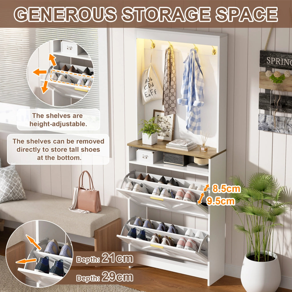 Armadio Slim Porta Scarpe con Illuminazione LED e 2 Cassetti Ribaltabili, con Ganci, Bianco, 70x24x180 cm