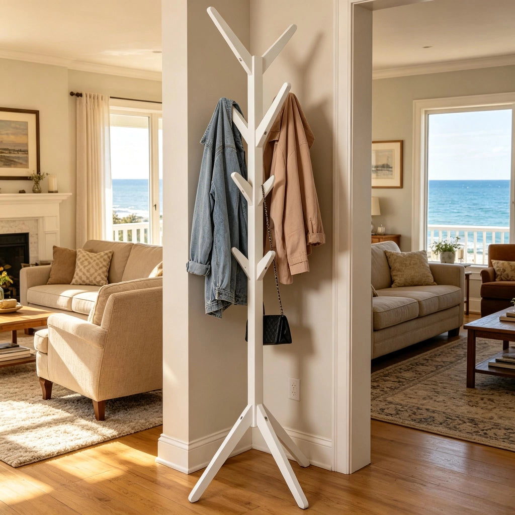 Appendiabiti da terra con 8 ganci in legno bianco struttura triangolare portata 3 kg per gancio 43 × 43 × 180 cm