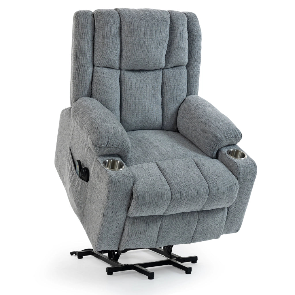 Poltrona Elettrica Relax con Funzione Alzapersone, Massaggio e Riscaldamento, Poggiapiedi, Tasche Laterali e Portabicchieri Grigio Chiaro