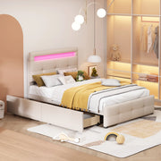 Letto singolo imbottito con LED; 2 cassetti e rete a doghe; beige