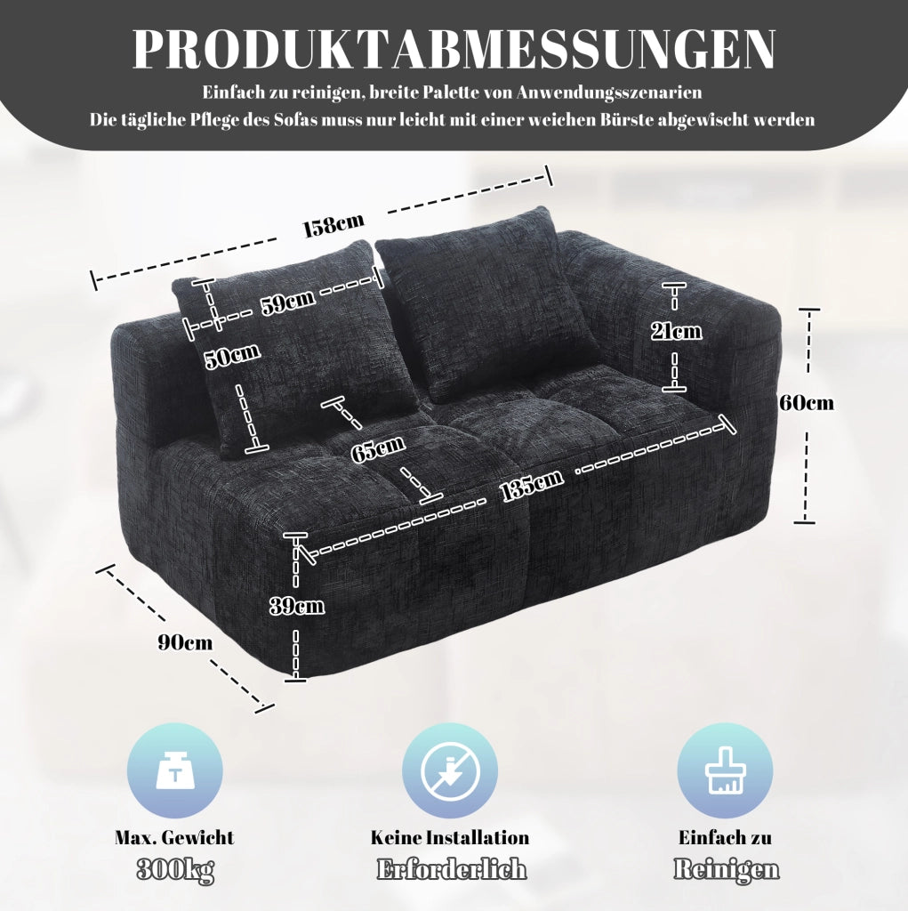 Divano comodo per 2 persone con chaise longue, tessuto chenille nero, cuscino incluso e tasche laterali per telecomando e cellulare