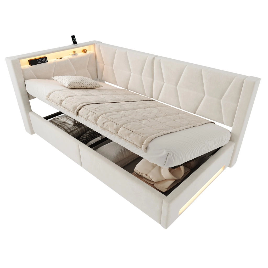 Letto singolo con contenitore 90 × 200 cm idraulico con LED USB e Type-C in velluto beige rete a doghe inclusa
