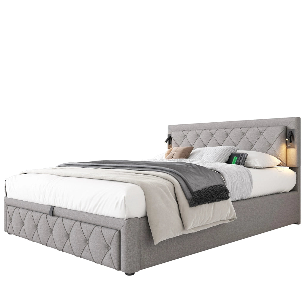 Letto imbottito con contenitore, LED e USB, grigio