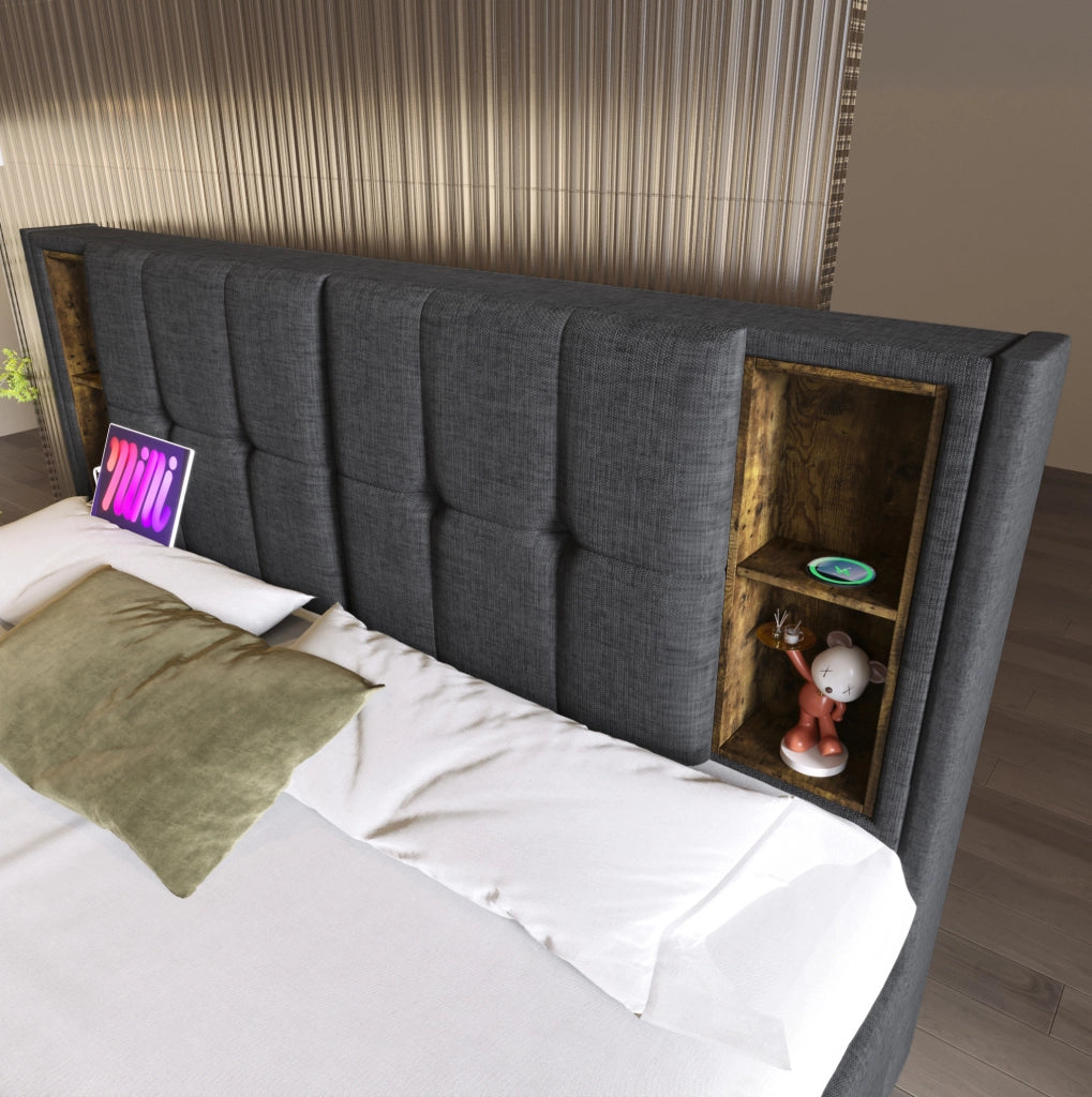 Letto imbottito 160x200 cm con ricarica wireless, USB, USB-C e 4 cassetti in lino grigio