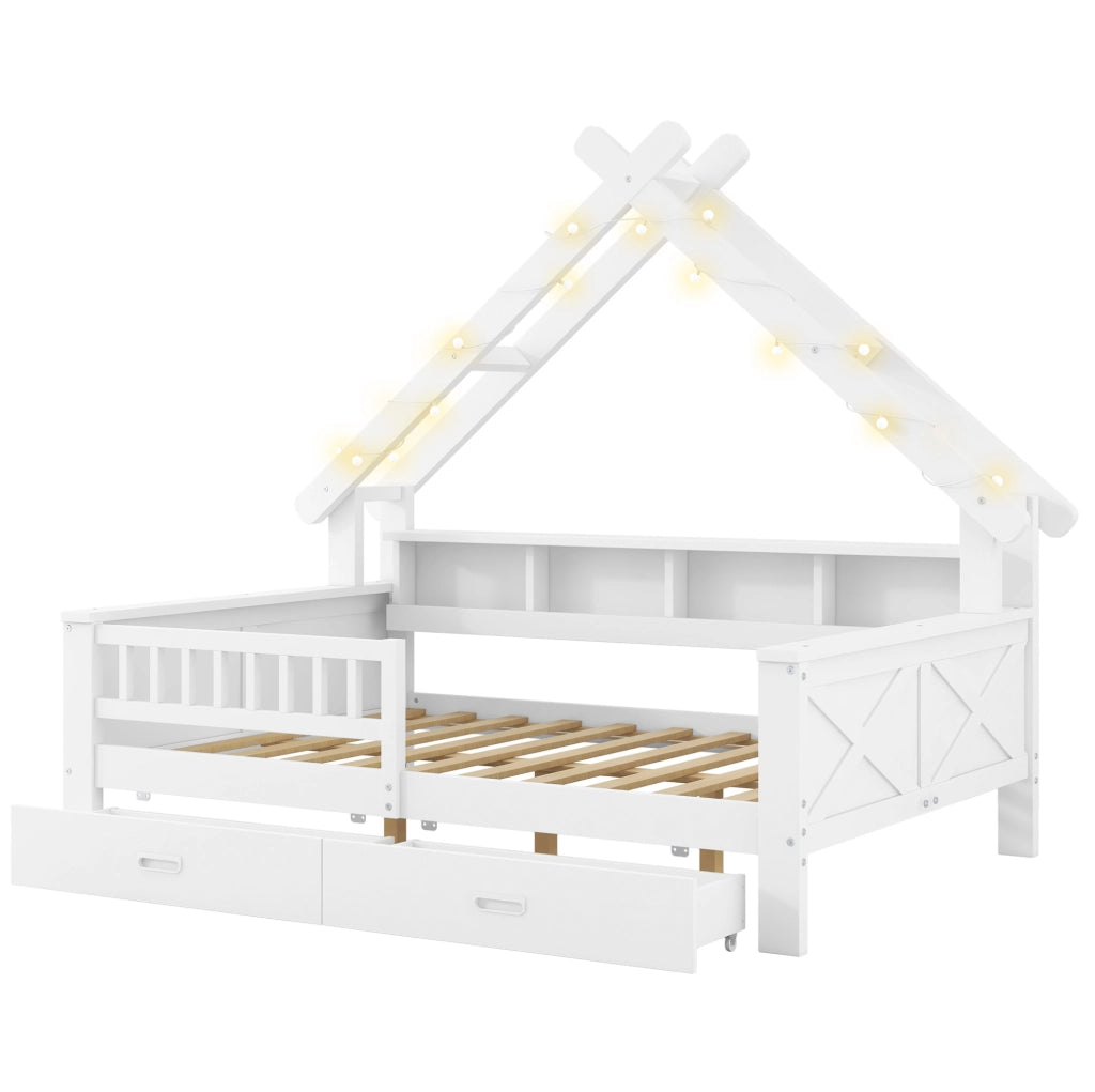 Letto a piattaforma in legno a forma di casa 140x200 cm con illuminazione LED, ripiani e cassetti, bianco