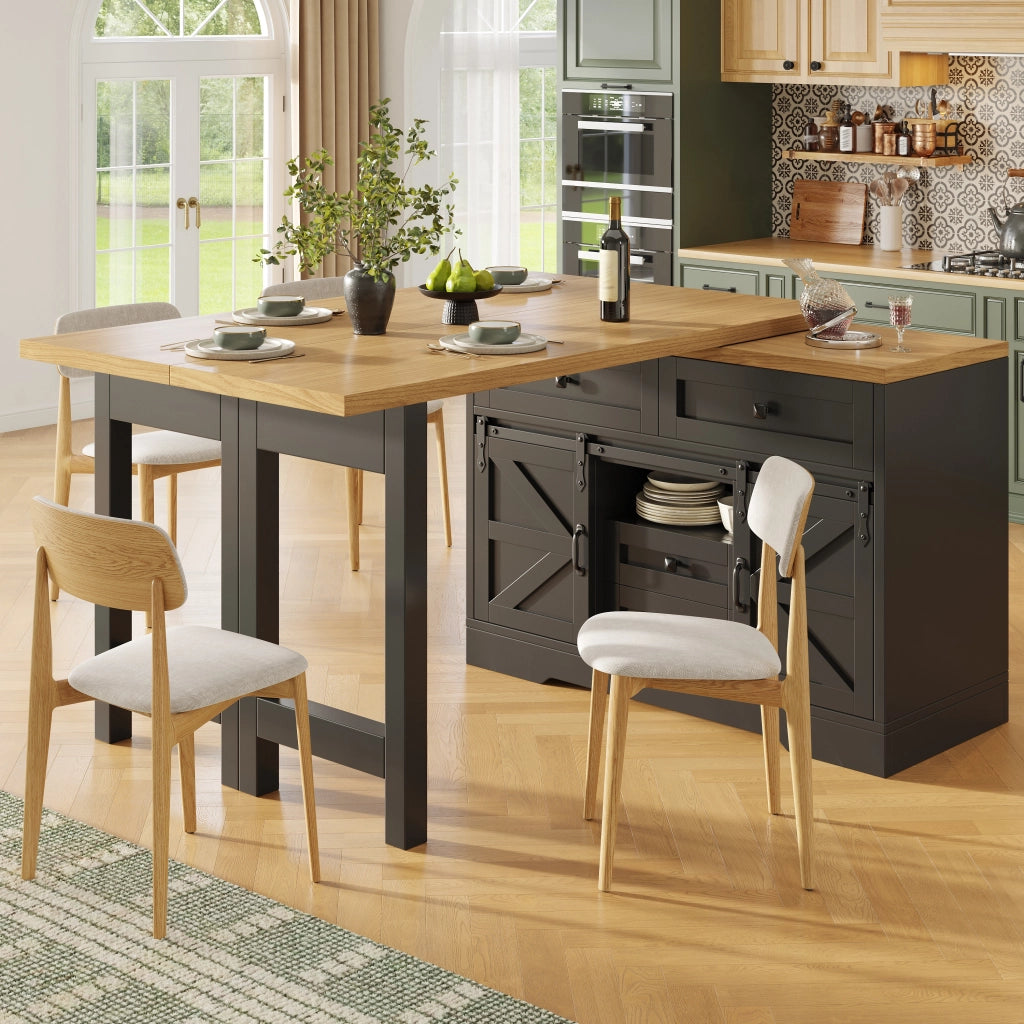 Tavolo da pranzo estensibile con mobile laterale, cassetti e piani girevoli, per cucina, MDF nero, 120-197 × 40 × 72 cm