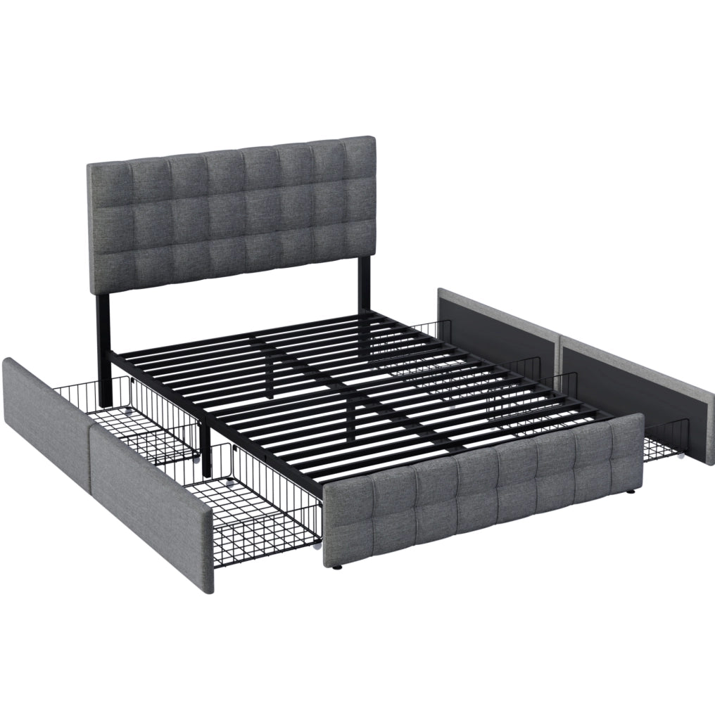 Letto imbottito 140x200 cm con 4 cassetti, materasso e testiera regolabile grigio