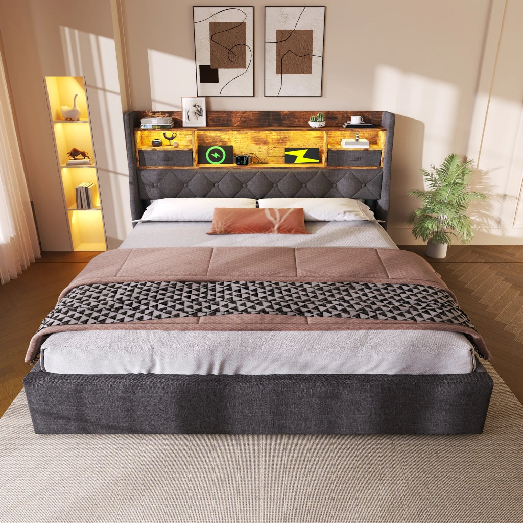 Letto matrimoniale 180 × 200 cm 2 posti con contenitore idraulico; LED; 3 USB e Type-C; senza materasso; in lino grigio