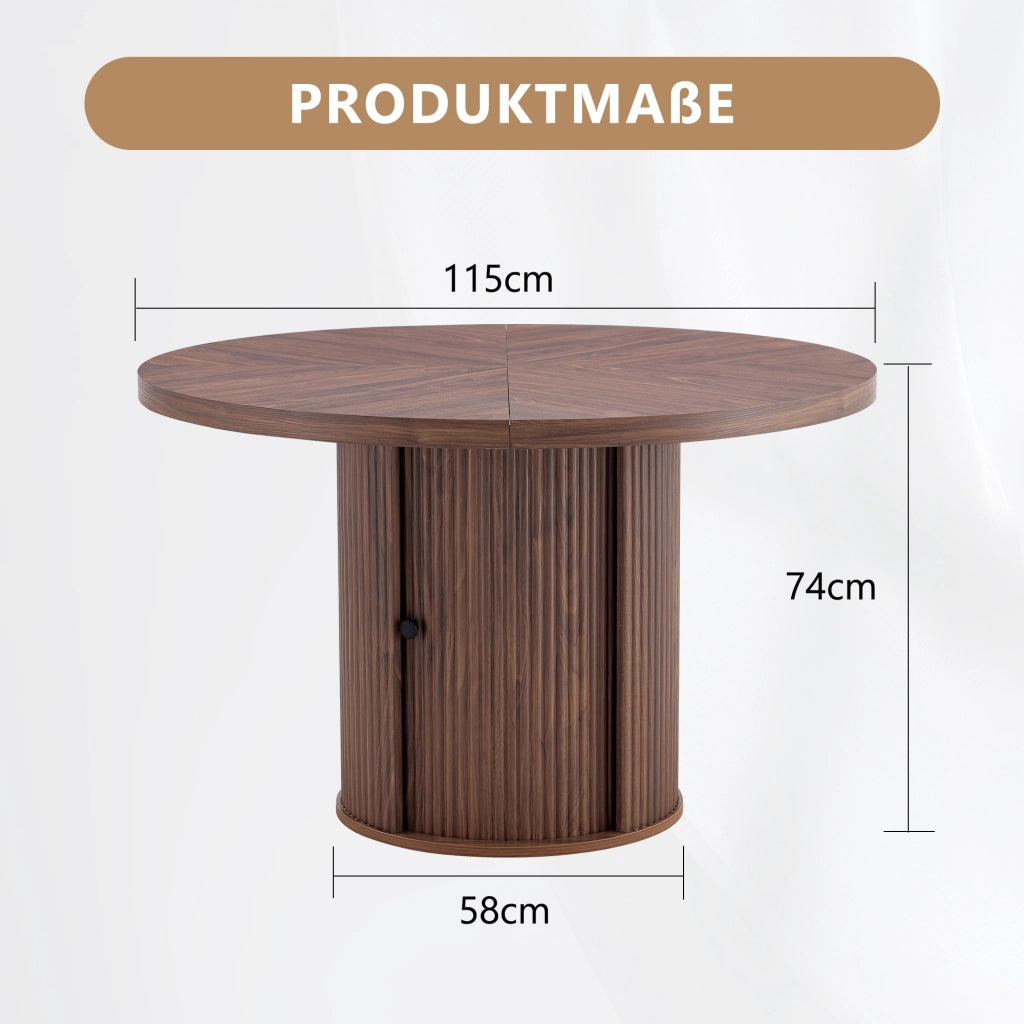 Tavolo da pranzo rotondo con vano contenitore, per 4-6 persone, in MDF, noce, 115 × 115 × 74 cm