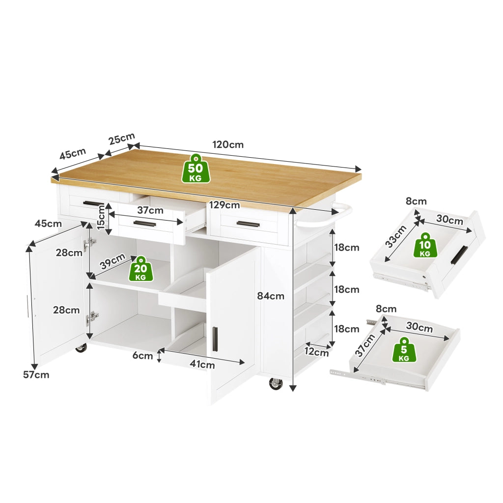 Credenza da cucina con 3 cassetti; 2 organizer e prese USB - per cucina - in MDF - 120×70×84 cm - bianco naturale