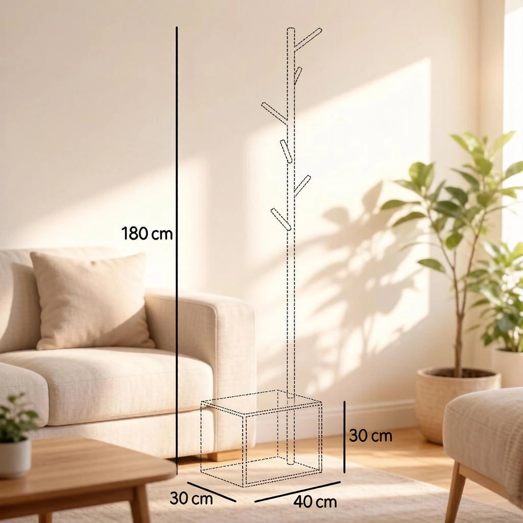 Appendiabiti da ingresso con panca; 6 ganci e vano contenitore in MDF e legno bianco e bambù 40 × 30 × 180 cm