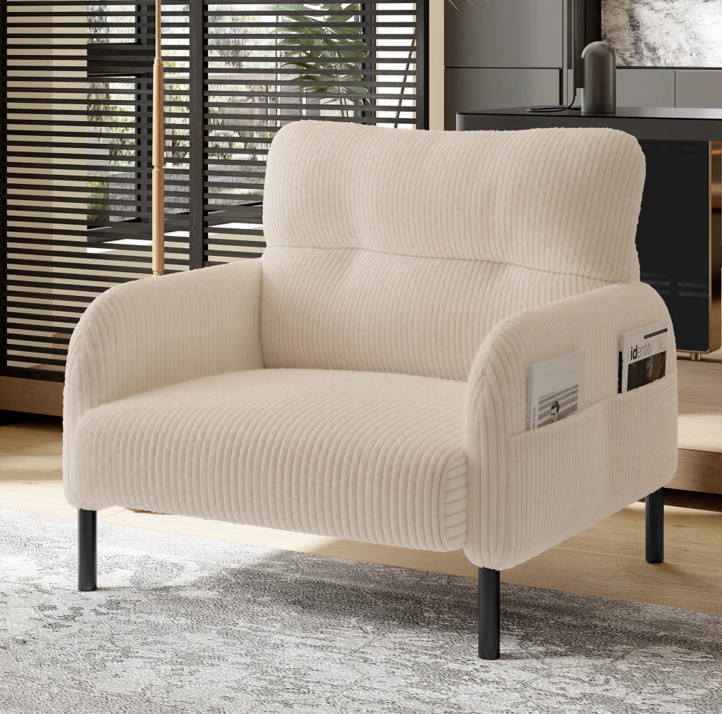 Poltrona singola beige in velluto a coste con tasca laterale
