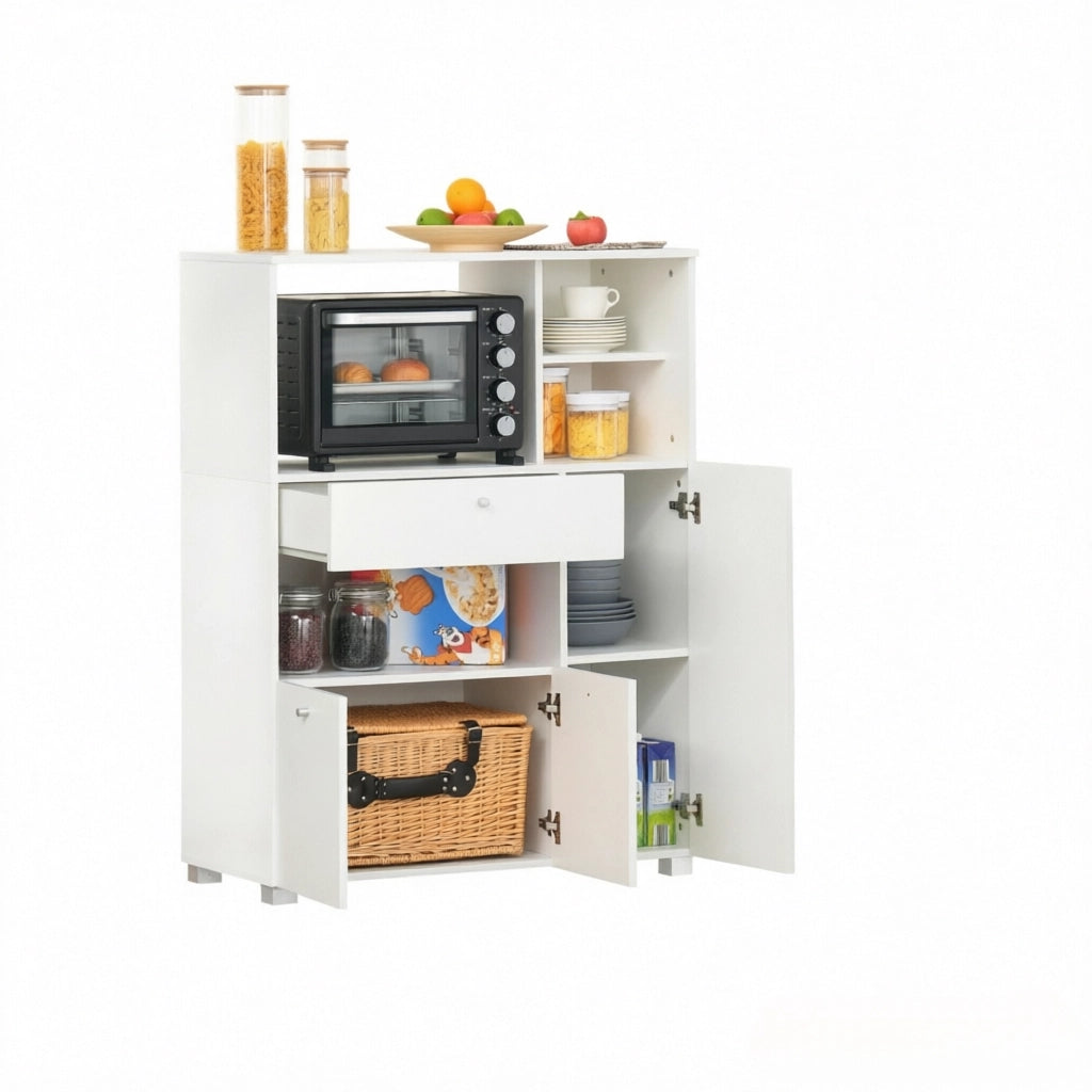 Cassone da cucina con vano per microonde; 3 ante; cassetto e 4 nicchie in truciolare bianco 90 × 40 × 120 cm
