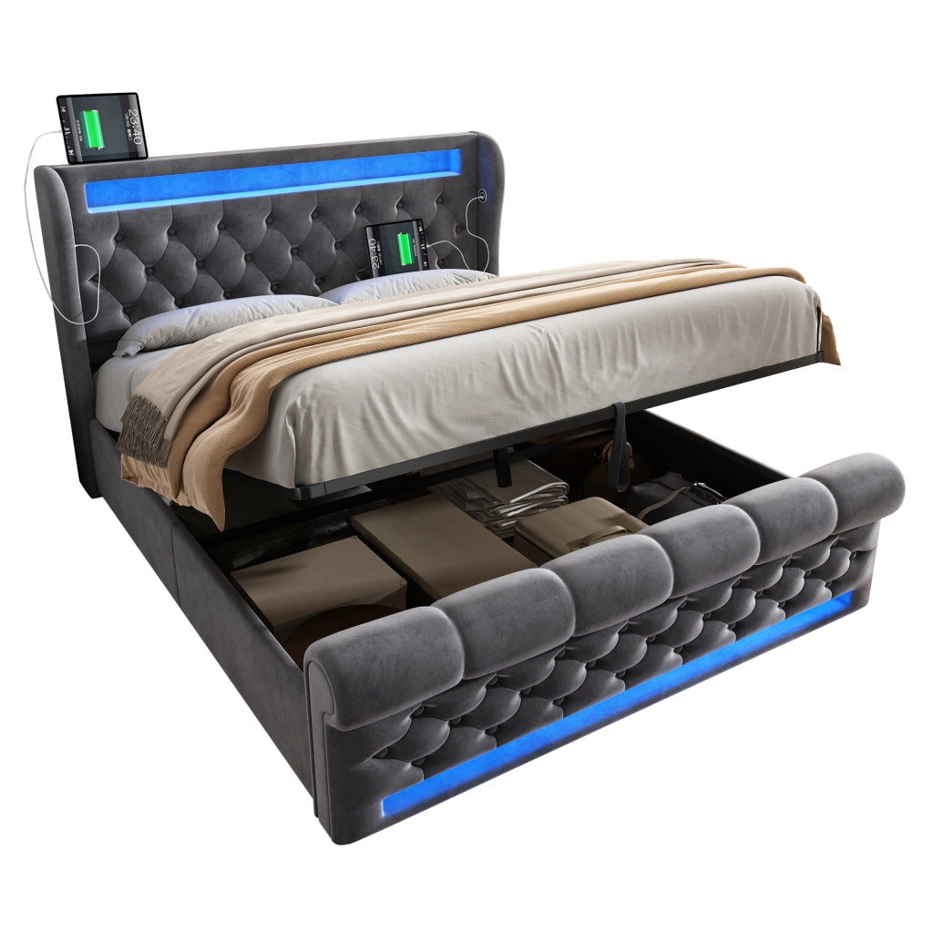 Letto matrimoniale imbottito moderno 140x200 cm con LED, testiera contenitore USB/Type-C, contenitore idraulico, velluto - Grigio (Senza materasso)