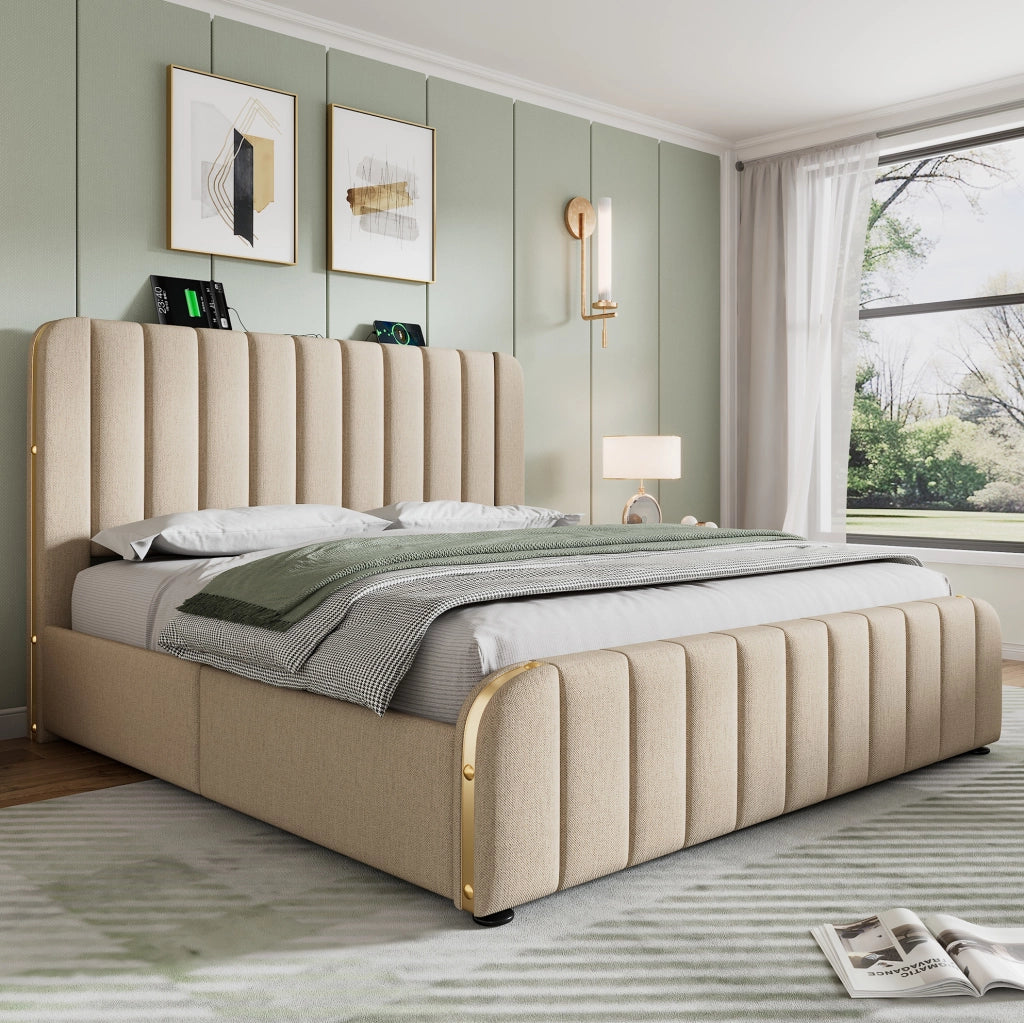 Letto matrimoniale imbottito 180x200 cm in lino beige con 4 cassetti; USB e Type-C; materasso incluso
