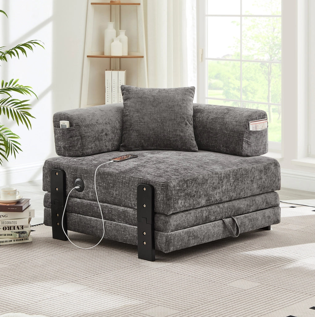 Divano letto pieghevole ULEVR 2 in 1 con porte USB e Type-C, vano contenitore e tasche laterali, grigio scuro