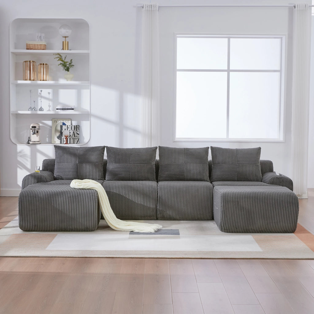 Divano modulare 4 posti in velluto a coste con portabevande e tasca laterale grigio scuro 333 × 174 × 80 cm