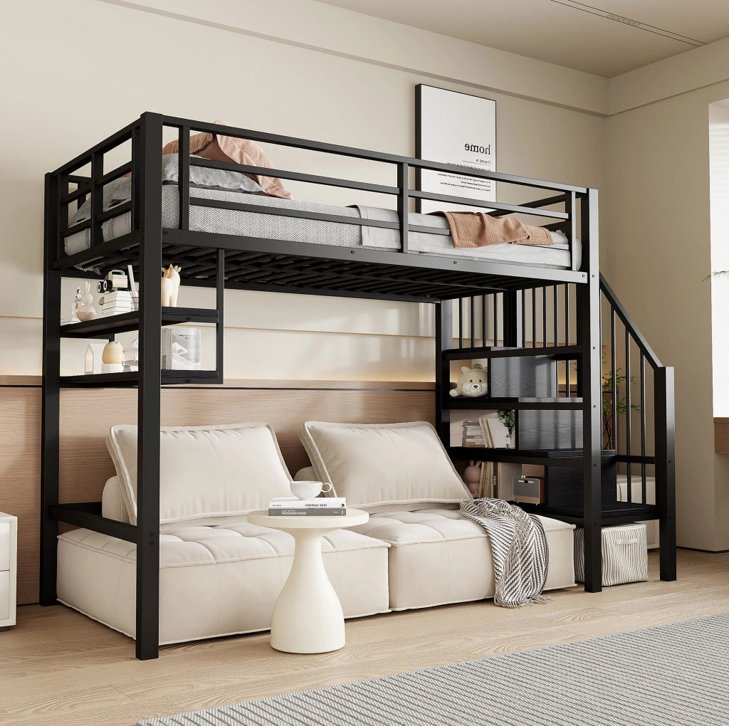 Letto a soppalco 90x200 cm con ripiani e scala contenitore in metallo e MDF nero