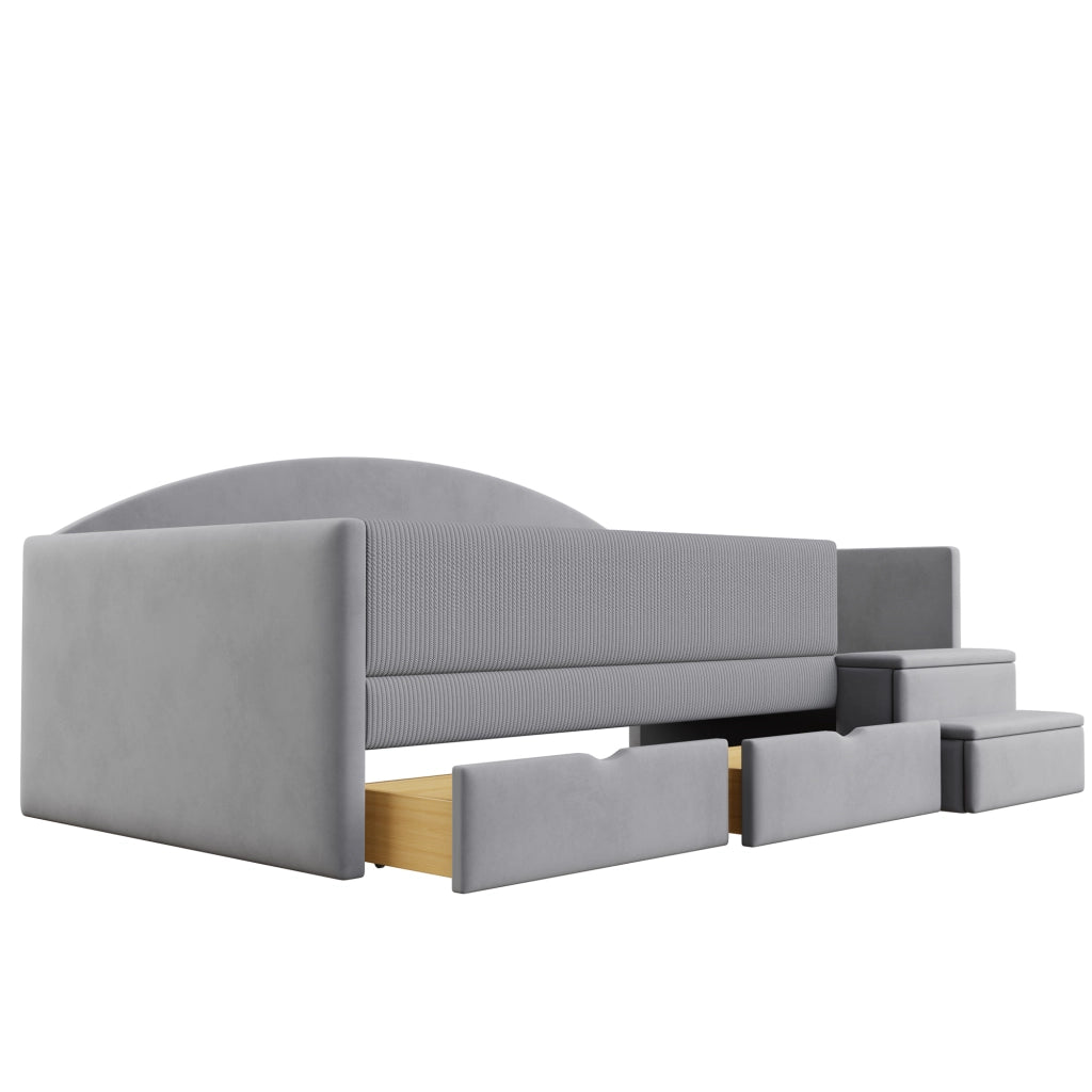 Letto per bambini 90 × 190 cm con 2 cassetti; barriere e gradini; senza materasso; imbottito grigio chiaro