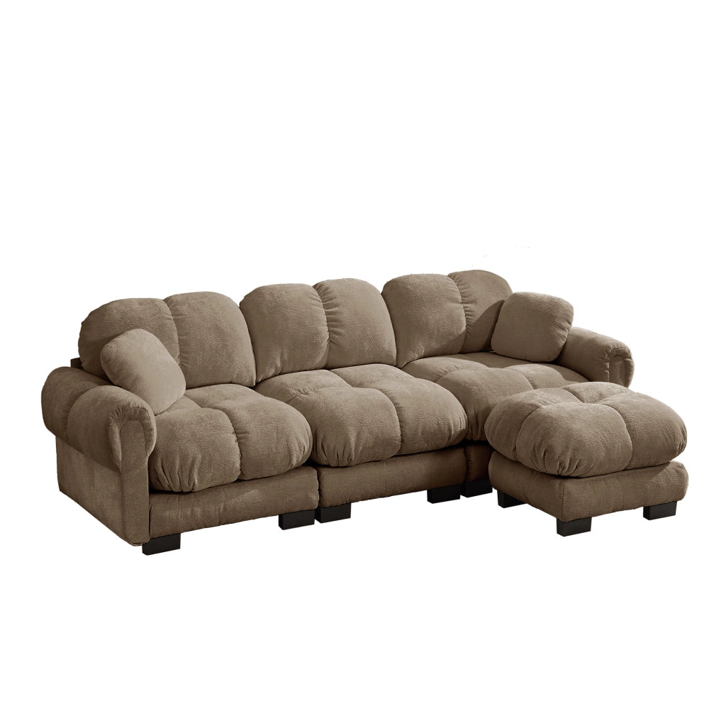 Divano angolare a L 3 posti in chenille marrone con pouf mobile e 2 cuscini decorativi