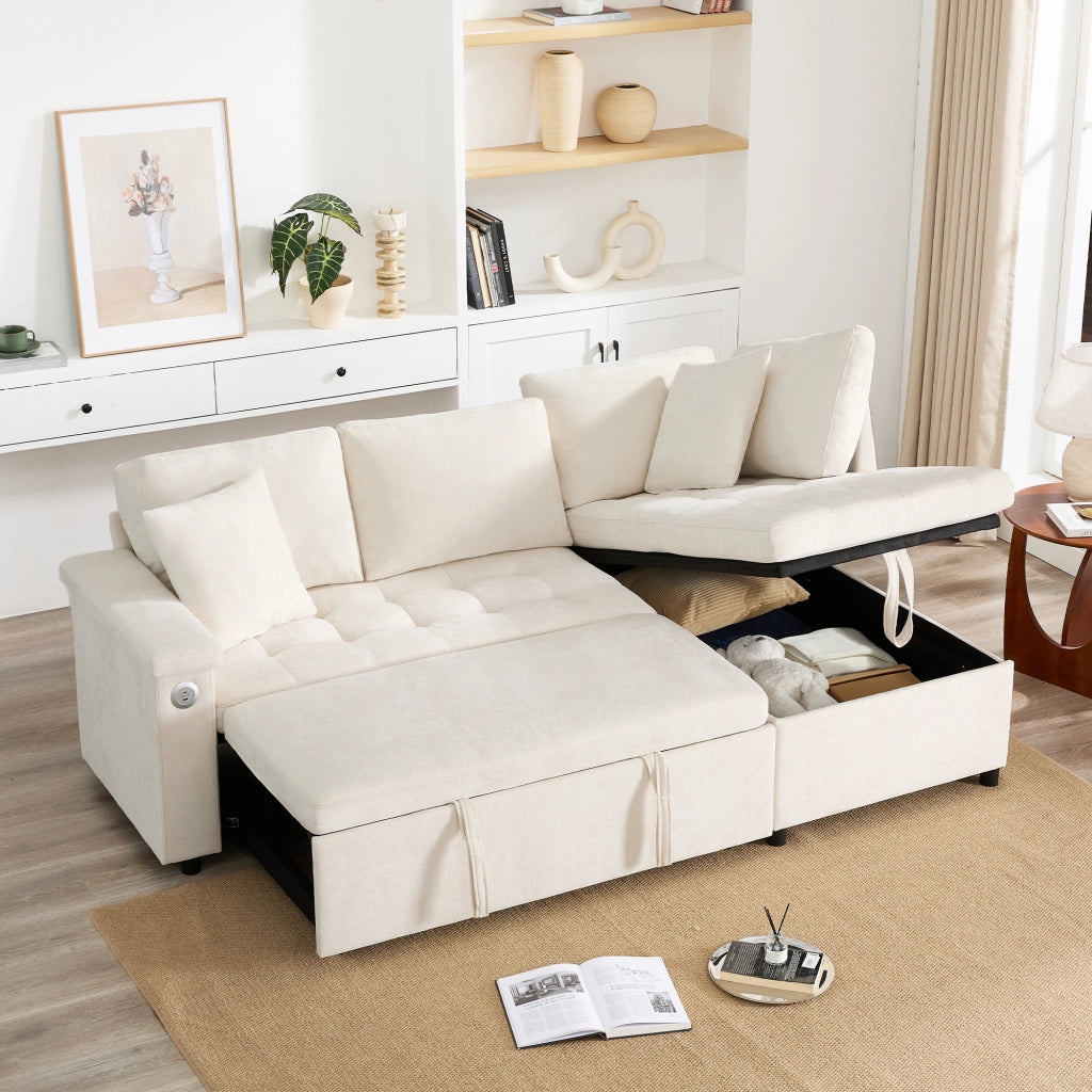 Divano angolare 3-4 posti con letto estraibile, contenitore e USB in chenille beige