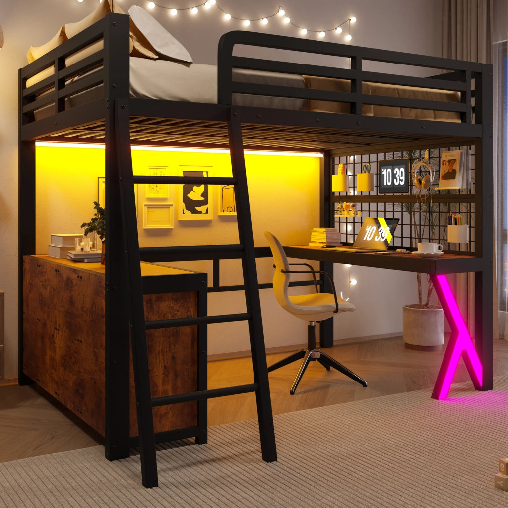 Letto a Soppalco 140x200 cm con Scrivania; LED; Scala e Sponde; Nero