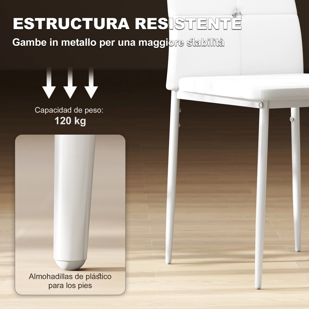 Set di 6 Sedie da Pranzo Imbottite ¨C Minimal ¨C Schienale Alto con Bottoni, Patte in Metallo, Colore Bianco