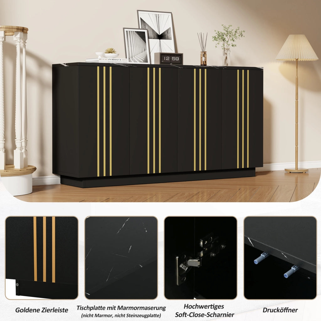 Madia con 4 ante e divisori regolabili in truciolato nero e oro con piano effetto pietra 35 × 140 × 70 cm