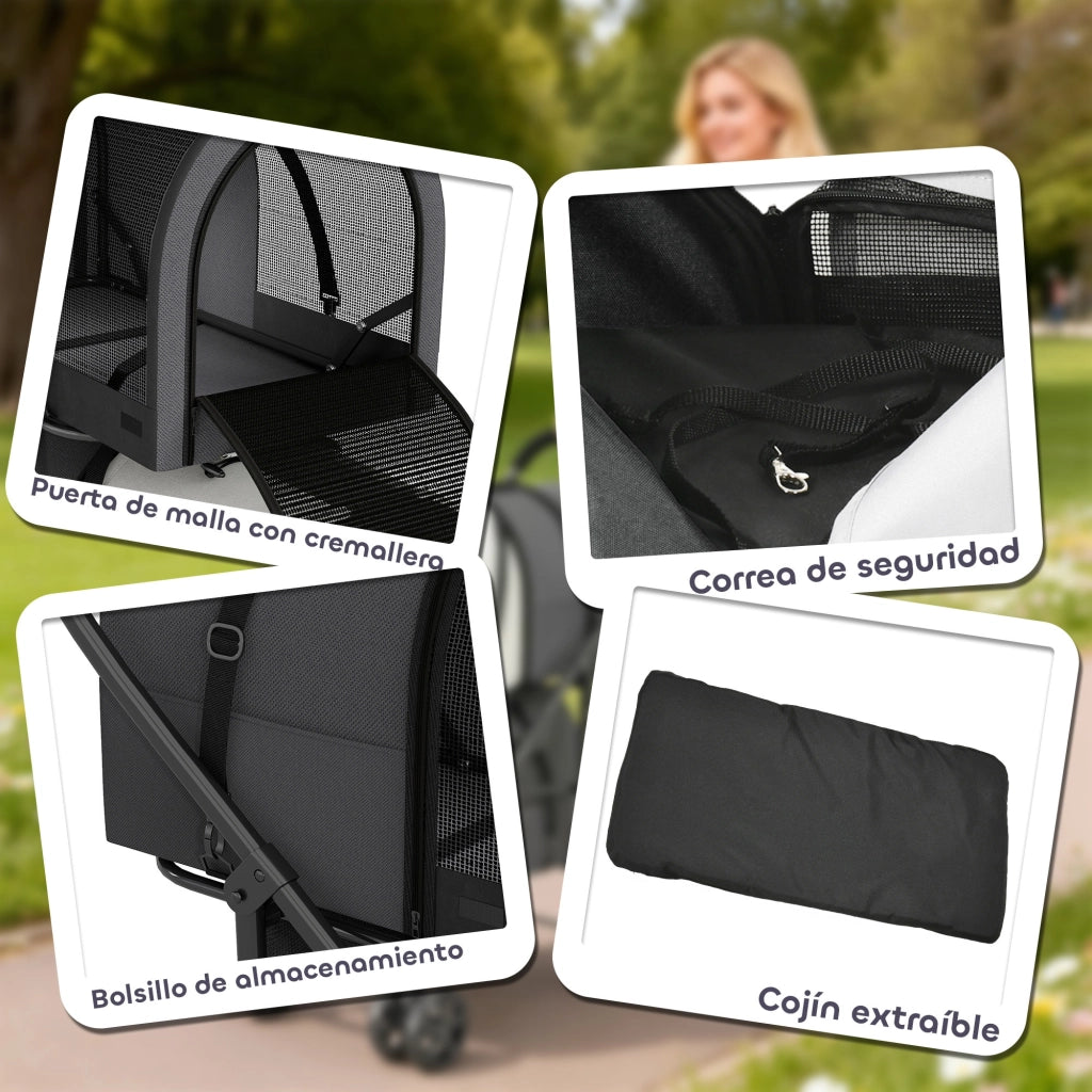 Passeggino Doppio per Cani e Gatti Pieghevole ¨C Xylo ¨C 2 Trasportini Rimovibili 66x50x98cm Grigio Scuro