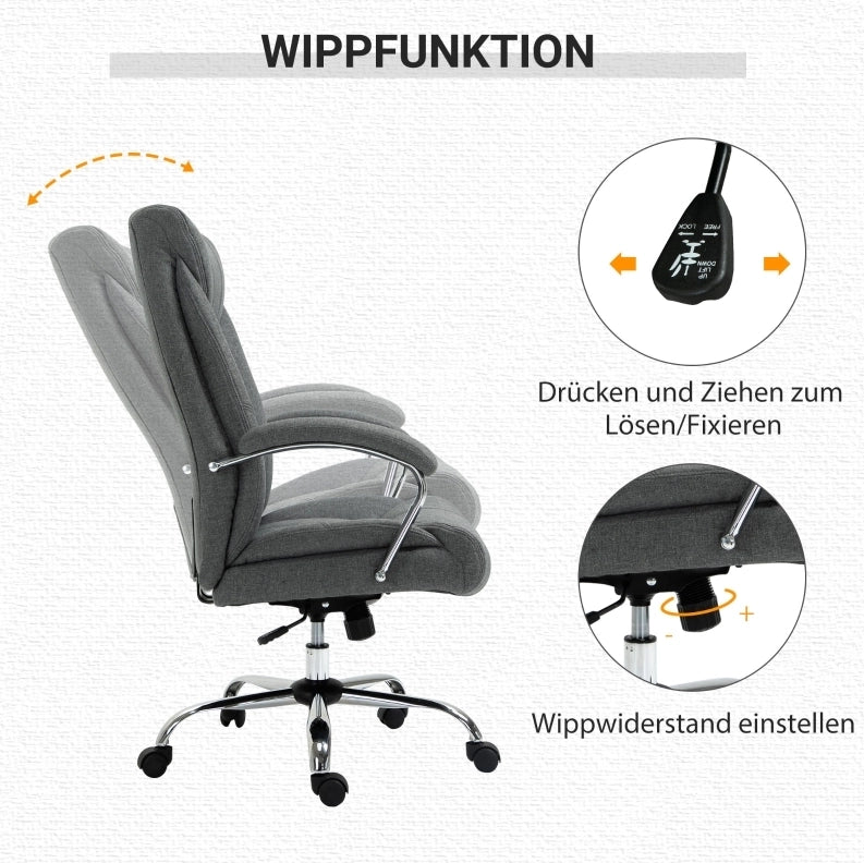 Sedia da ufficio ergonomica grigia con poggiabraccia imbottito, schienale alto e regolazione altezza, 65x78x110-118 cm