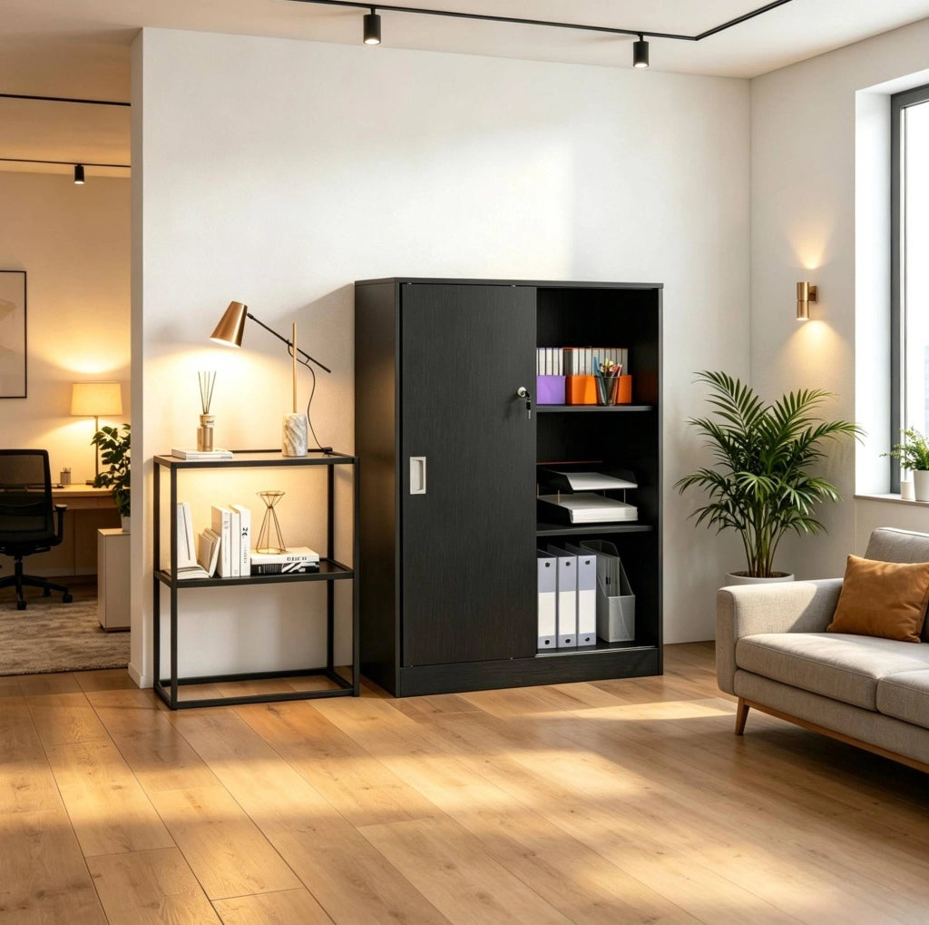 Armadio per documenti nero in truciolato e MDF con 2 ripiani e ante scorrevoli con serratura, 80x40x120 cm