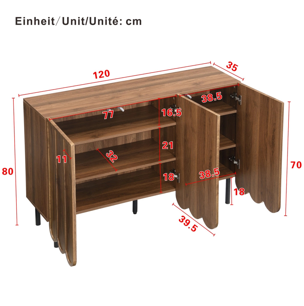 Sideboard moderno color noce con ante a onde e ripiani regolabili 120x35x80 cm senza maniglie
