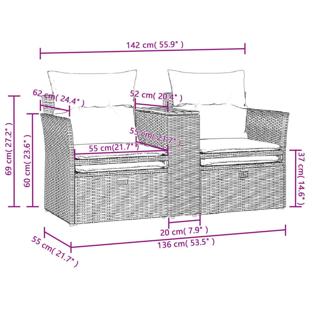 2-seater Garden Sofa With Stools, Grey Poly Rattan