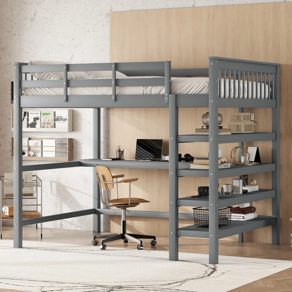 Letto a soppalco per bambini 140 × 200 cm 2 posti con scrivania e mensole; senza materasso; in pino e MDF; grigio
