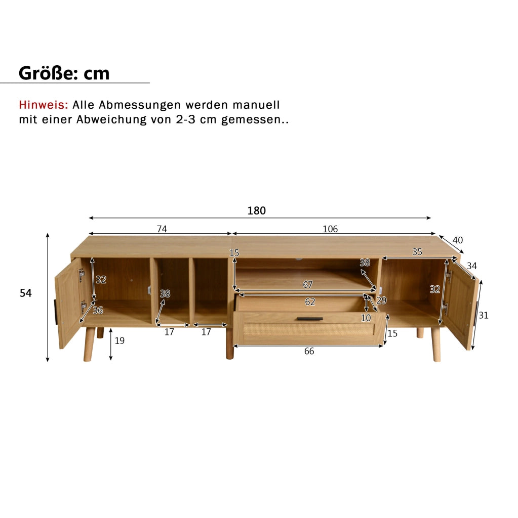 Mobile TV 180 cm in pannello truciolare rovere con 2 ante, cassetto e passacavi