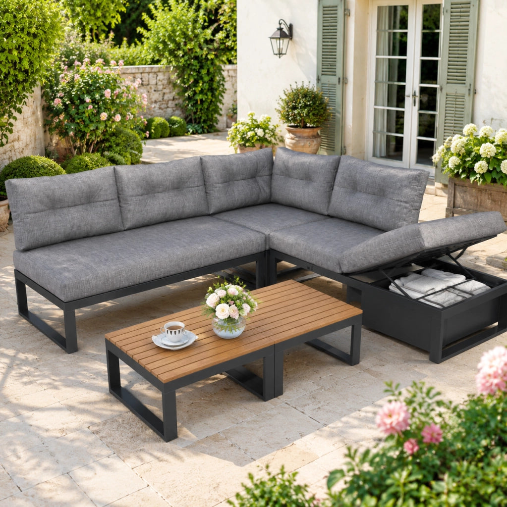 Set divani da giardino modulare 191;5x191;5 cm con contenitore e schienale regolabile; grigio